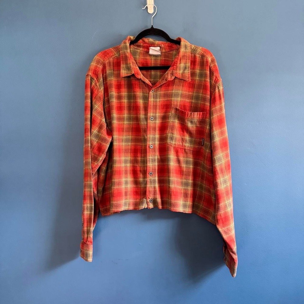Columbia Cropped Flannel Shirt Women's Plus Size 3X Orange Collared Long Sleeve